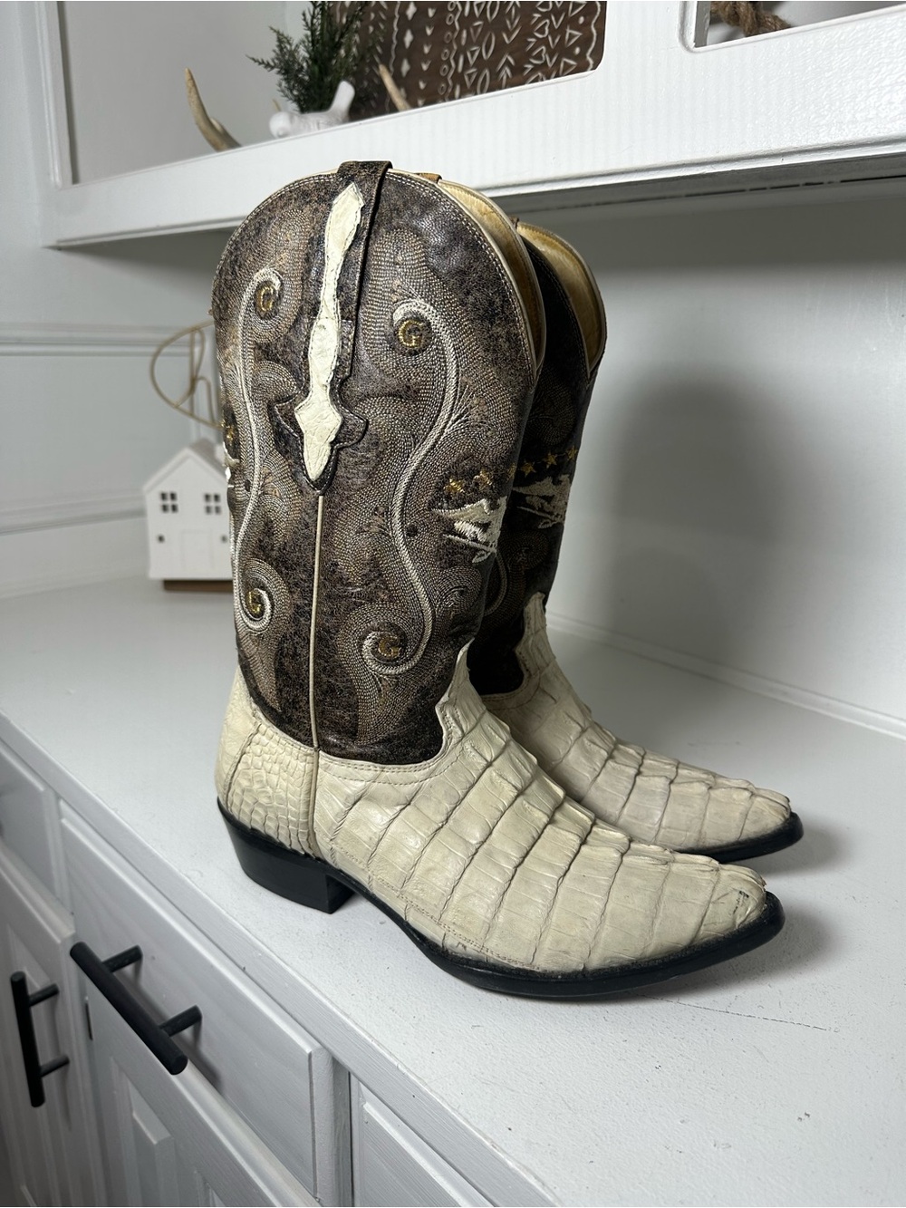 El General Exotic Cowboy Boots Men’s 8 D Women’s 9.5 White Croc Leather Western - Picture 5 of 9